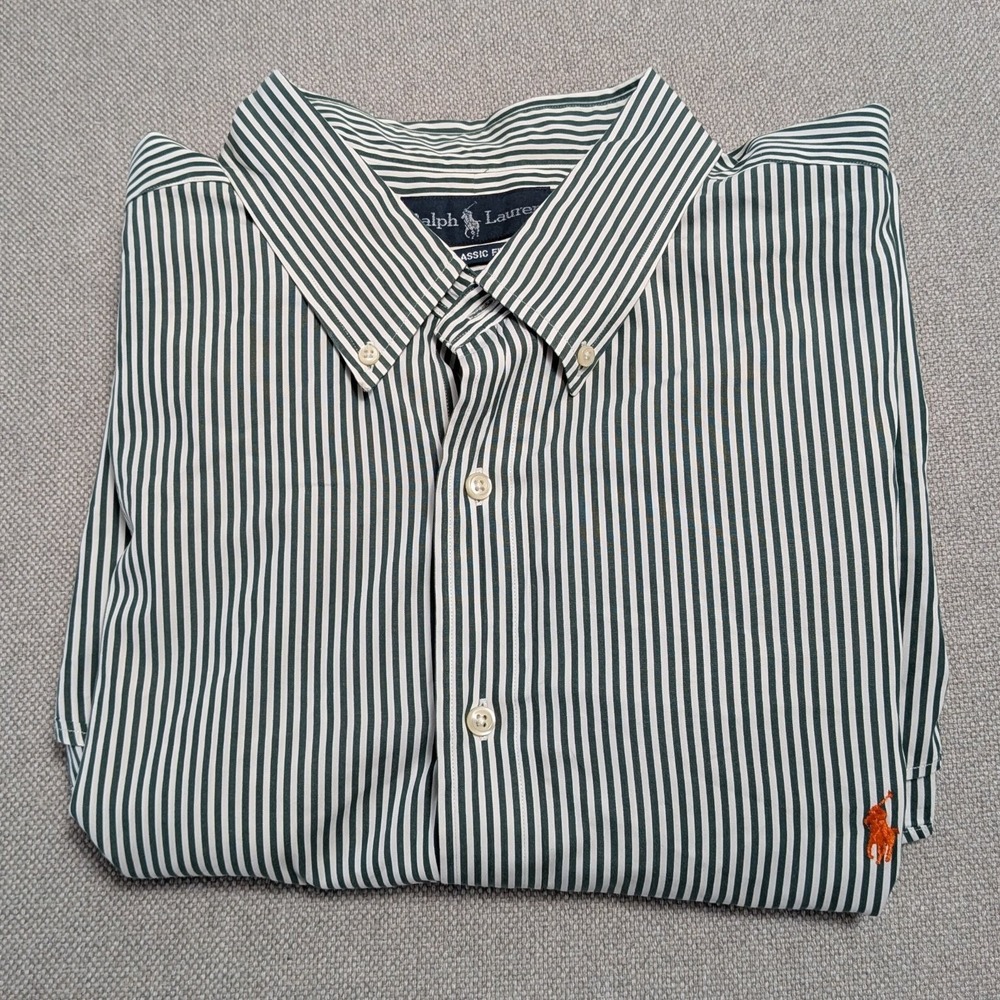 Ralph Lauren Men's Green White Stripe Dress Shirt 2XLT Classic Fit Cotton